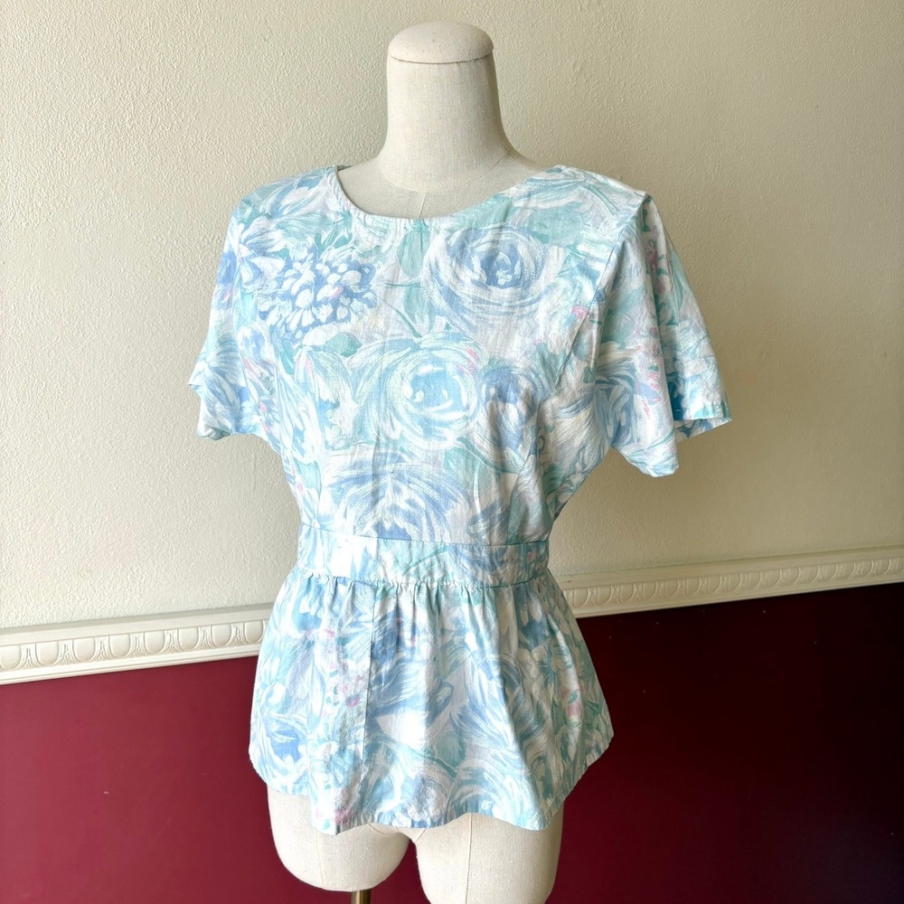 Vintage Handmade Floral Open Back Peplum Top Blue White Watercolor Rose Tie Back